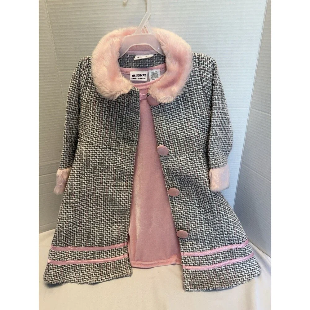Blueberi Boulevard Cost & Dress Girls Pink /Gray Faux Fur Collar, Trim & Buttons